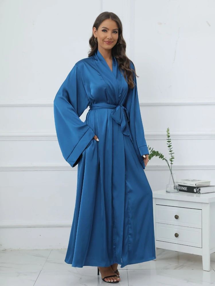 Eid musulmano Abaya per le donne Kimono Cardigan Dress Flare Sleeve marocco Ramadan Lace-up Abaya caftano abito lungo Vestido Largo 2024