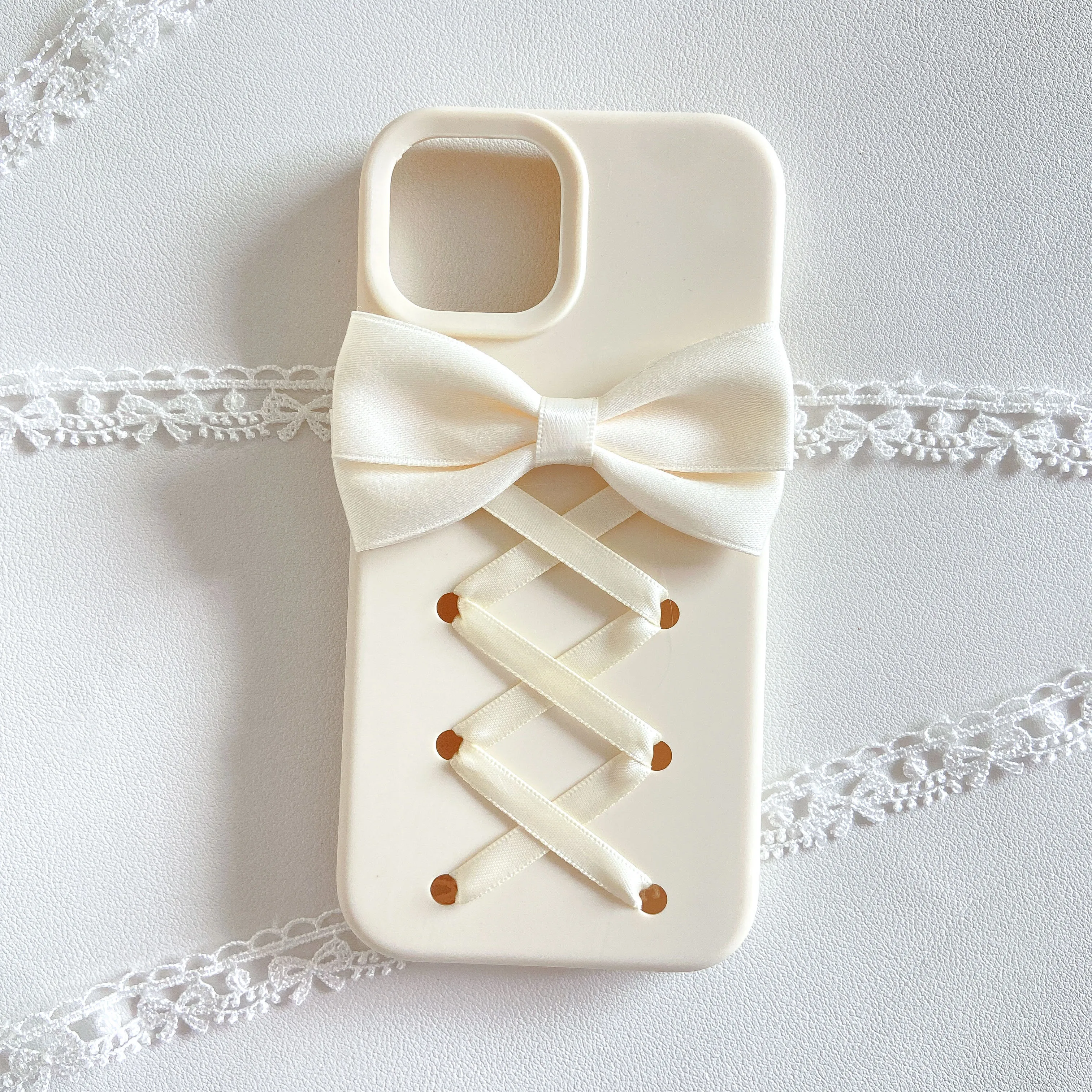 Cute Cream White Bow Phone Case for iPhone 17 16 15 14 13 12 Pro Max Soft Silicone Cross Ribbon Decoration Girly Cover for Women view 5