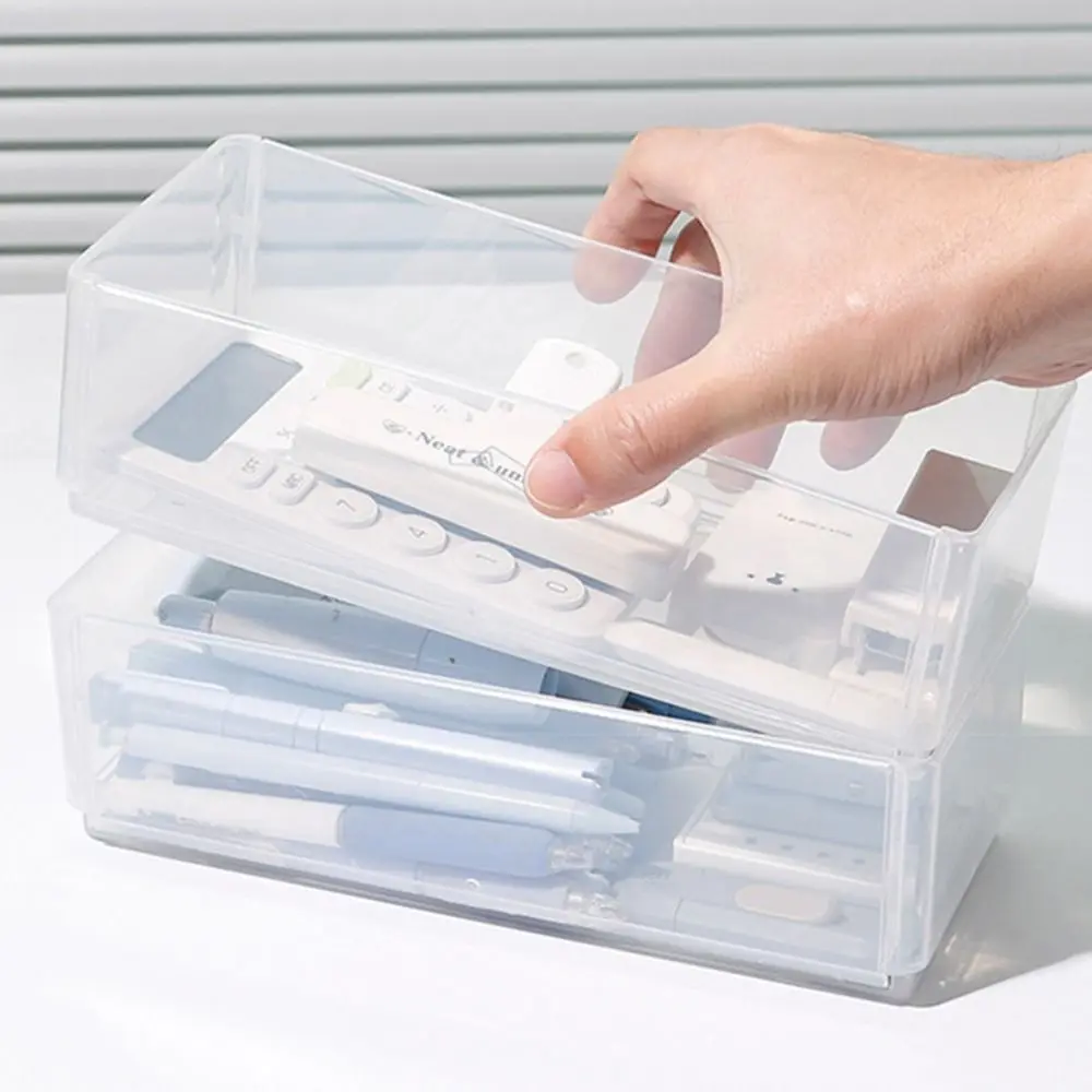 

Simple Clear Stationery Storage Box Foldable Large Capacity Desktop Organizer Stackable Pencil Case Students
