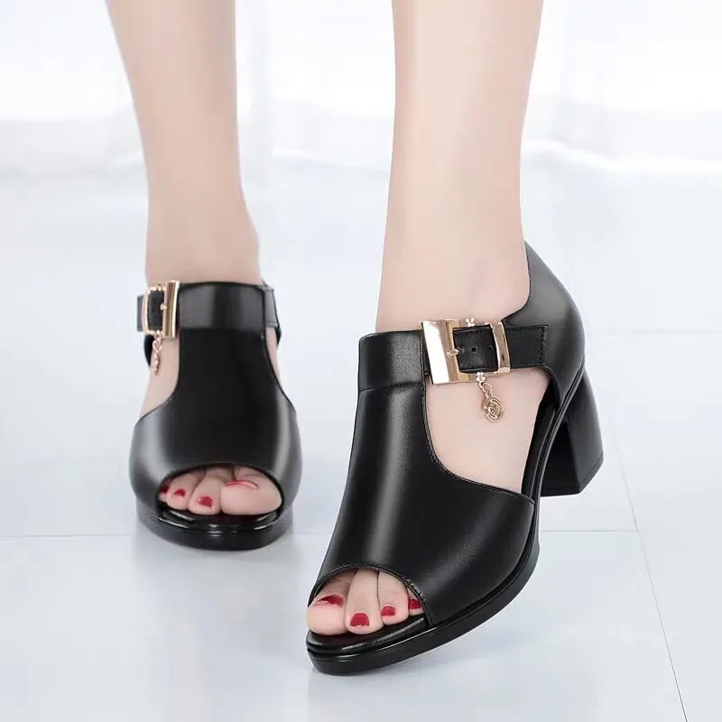 Women Sandals Summer New 2022 Med Heels Peep Toe Shoes Slippers Fashion Desiger Pu Leather Casual Sexy Wedding Pumps Shoe Woman