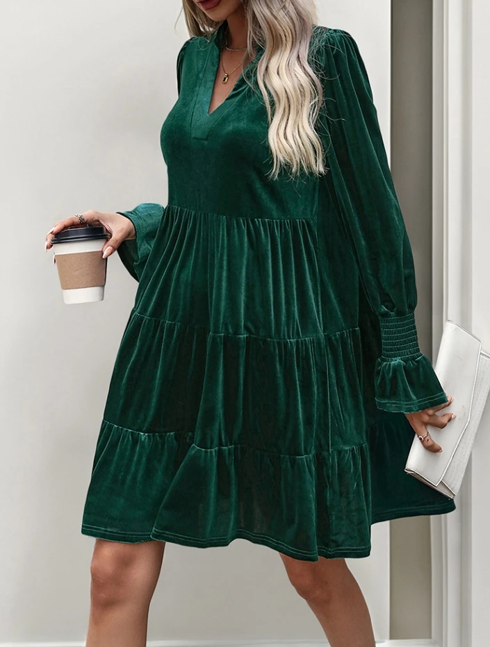 Long sleeved patchwork skirt formal velvet dress