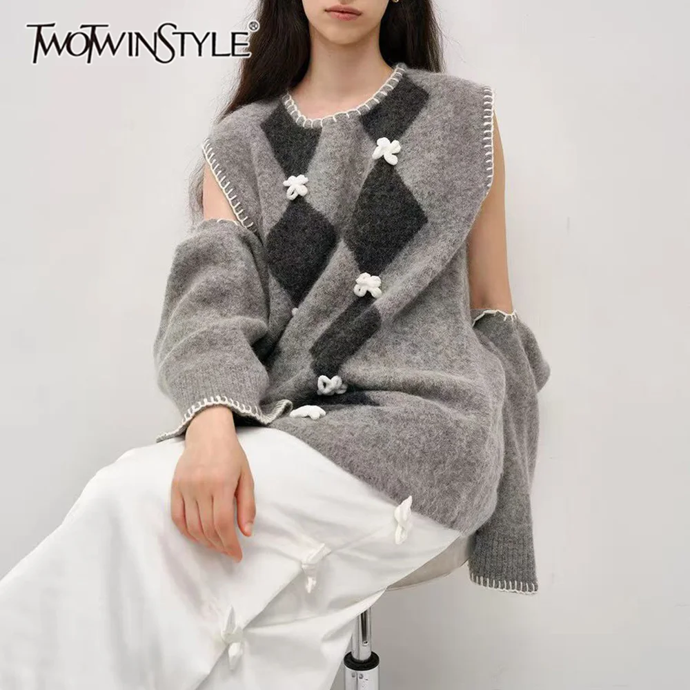 

TWOTWINSTYLE Gray Spliced Plaid Two Piece Set Female O Neck Long Sleeve Sweater Elegant Luxury Women's Skirt Set Fashion Autumn
