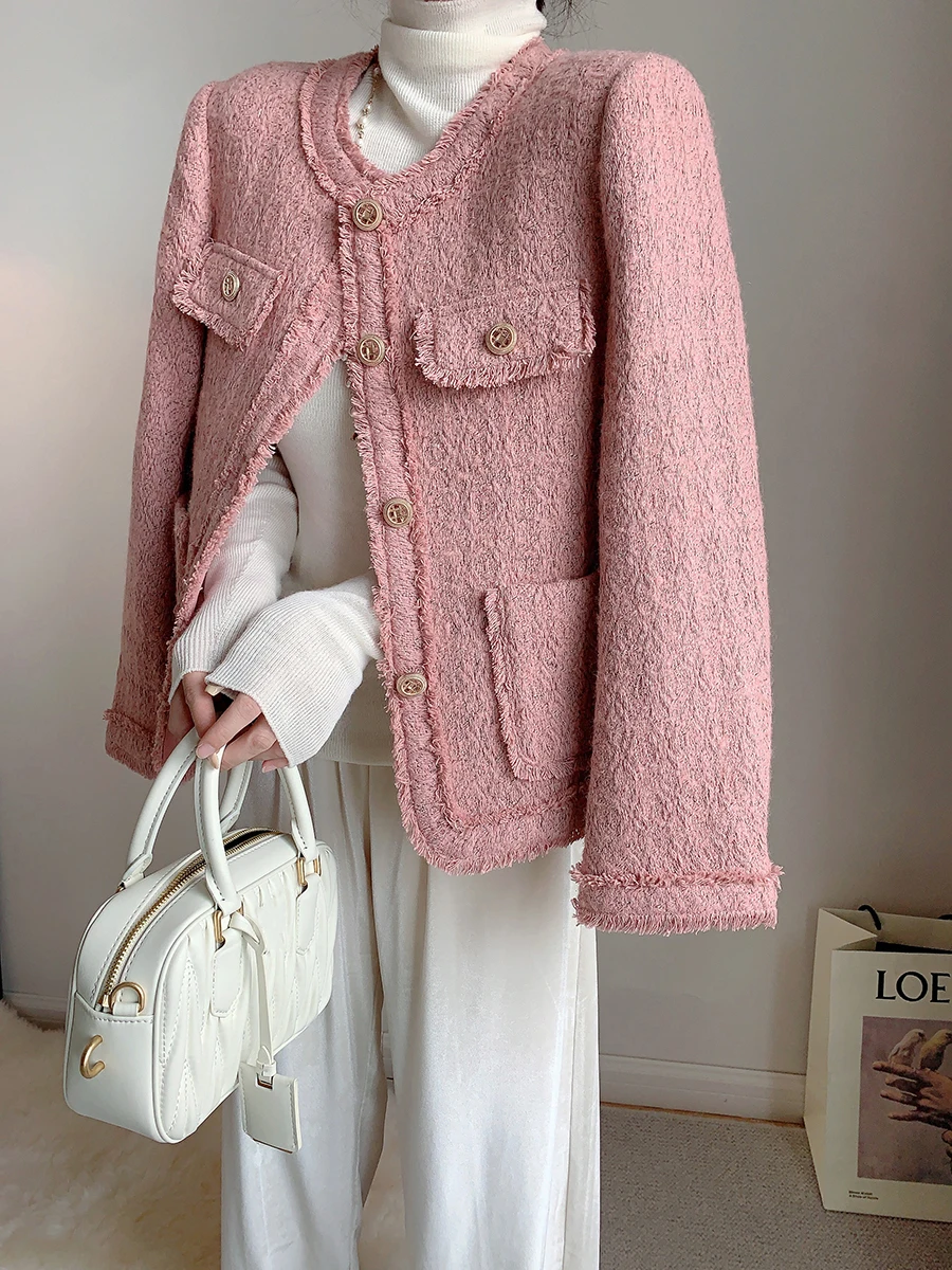 New High End Pink Tweed Jacket Women Small Fragrance Autumn Winter Long Sleeve Tassel Korean Fashion Coat Elegant Outwear Tops