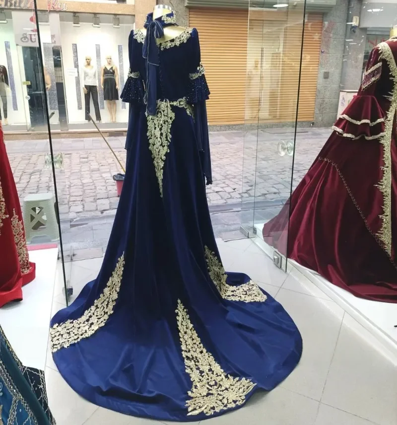 Caftán marroquí azul, vestidos de noche musulmanes, corte en A, mangas largas, apliques, Abaya árabe de Dubái, vestido islámico personalizado