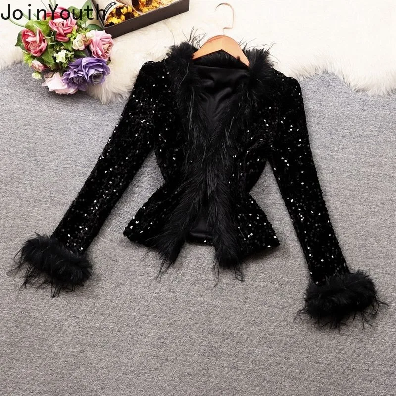 Skirt Sets Temperament Women Clothes V-neck Furry Crop Coat Bodycon Mini Skirts Outfits Roupas Femme Fashion Sequin Thicked Suit