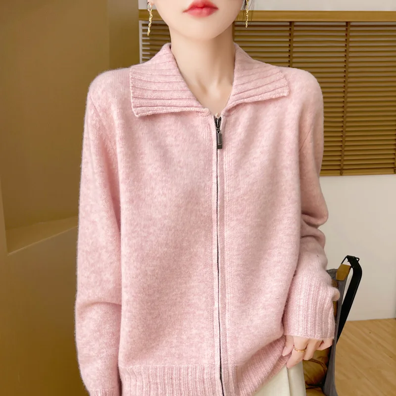 Autumn Winter New Women\'s Clothing 100% Merino Wool POLO Collar Knitted Zipper Cardigan Fashion Loose Long Sleeved Tops Warm