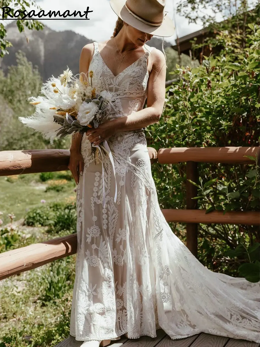 Vestidos de novia bohemios con cuello en V sin mangas de sirena, apliques de encaje, vestidos de novia de campo