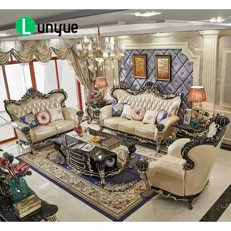 European Classic Royal Solid Wood Carved Leather Sofa Set Luxury American Style 1 2 3 Seater for Villa Living Room Furniture