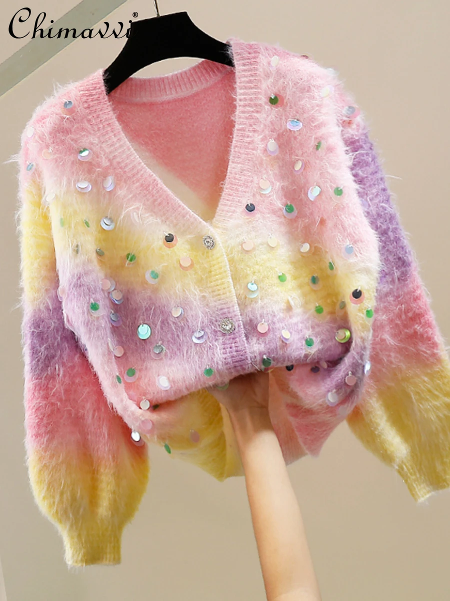 Heavy Sequins Rainbow Color Plush Single Breasted Loose-Fit Long Sleeve Sweater Autumn New Fashion Loose Sweet Knit Cardigan