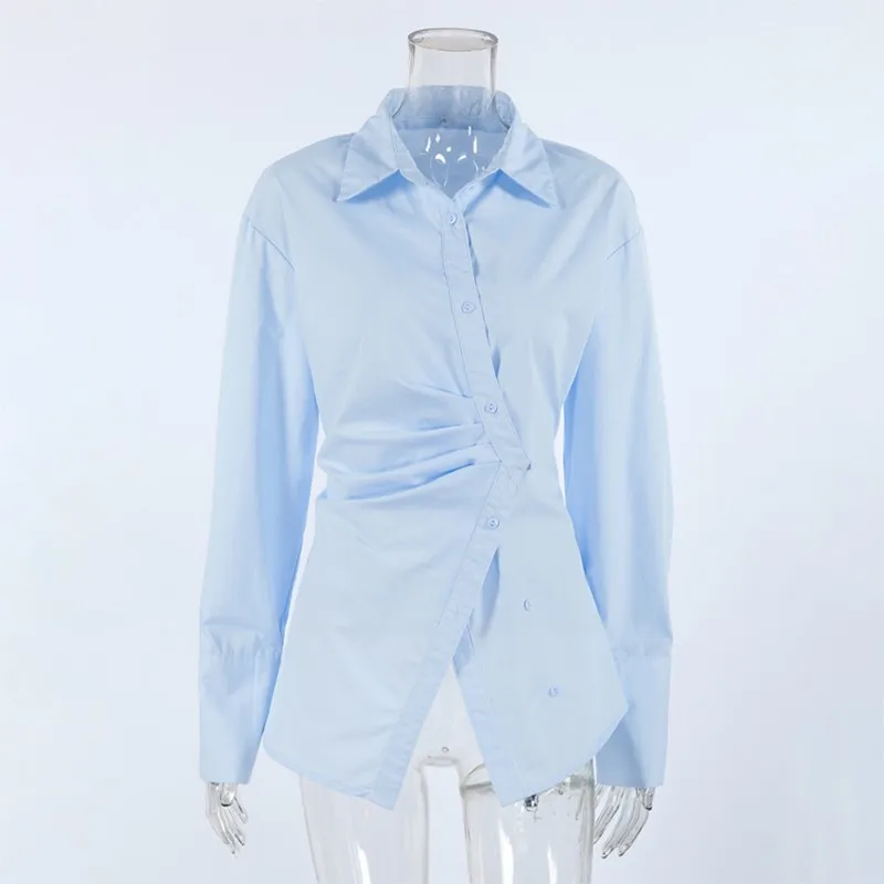 Dames katoenen shirt met lange mouwen, enkele rij knopen, slanke pasvorm, taille, cinching, stijlvol, gespleten zoom, detail, herfstmode, blusas de mujer