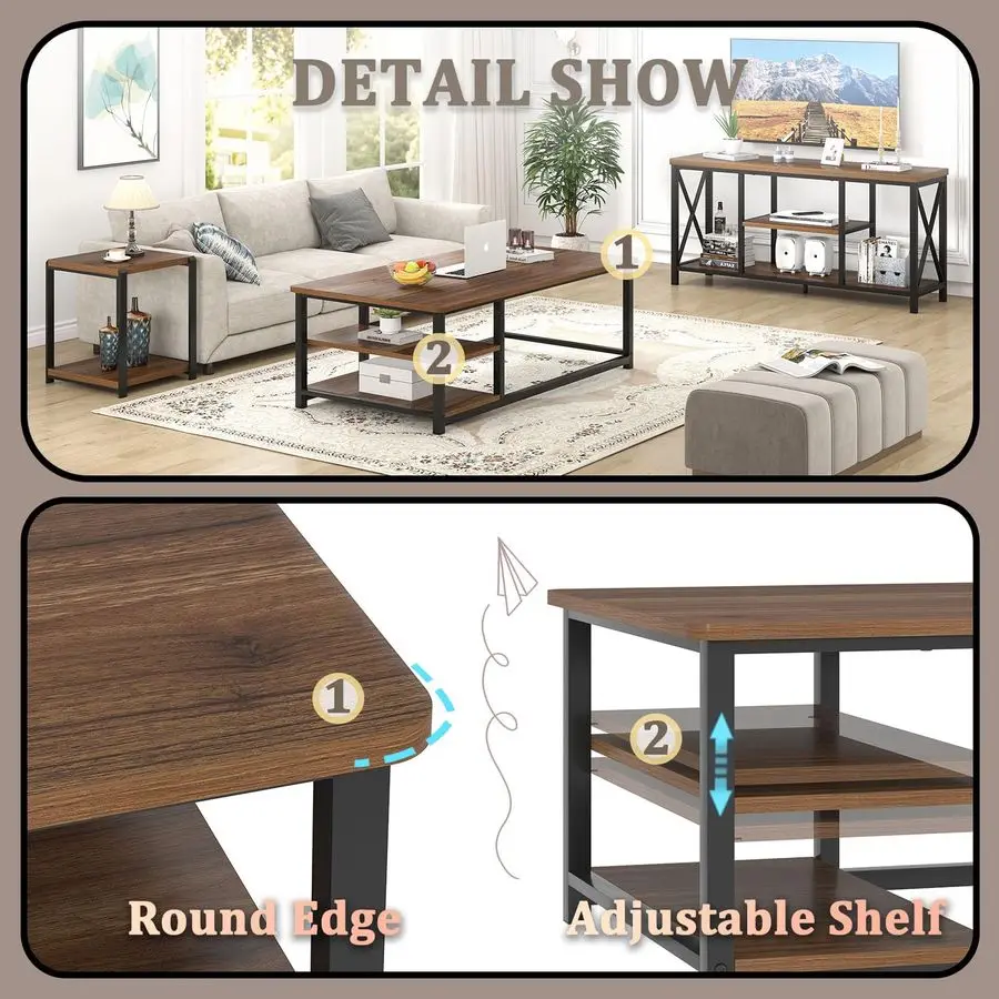 Modern Coffee Table, Rustic Wood and Metal Center Table for Living Room, Industrial Rectangle Cocktail Tea Table with Storage Sh