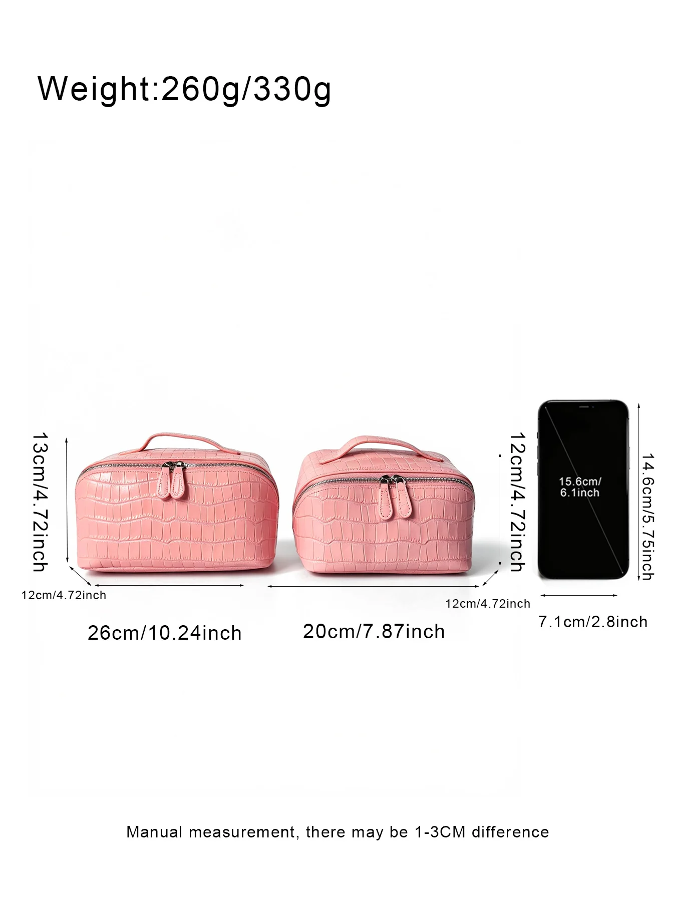 Geprägter Kosmetikbeutel aus Leder mit Krokodil-Optik, großer Stauraum, mehrere Taschen, Handtaschen-Organizer für Toilettenartikel, Reise, rosa Ausführungen. – Detail 7