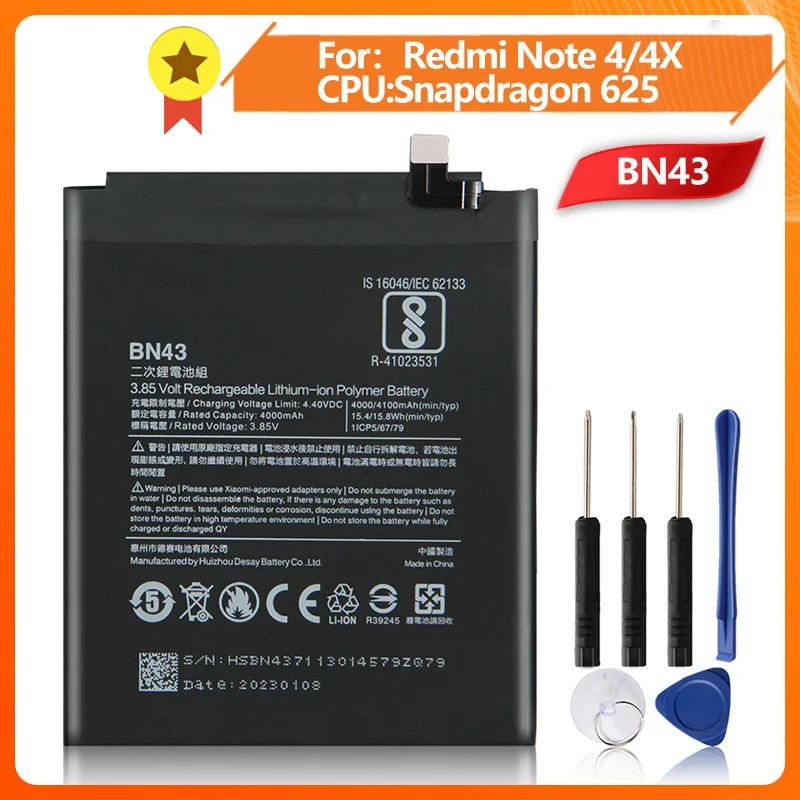 BN43 Phone Battery For Xiao mi Redmi Note4X Hongmi Note 4X Standard Version Redrice BN43 4000mAh +Tool