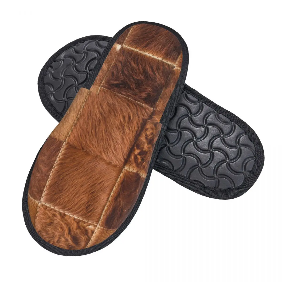 Brown Checkered Cowhide Patche Print Soft Scuff With Memory Foam Slippers Women Animal Fur Leather Texture Hotel House Shoes