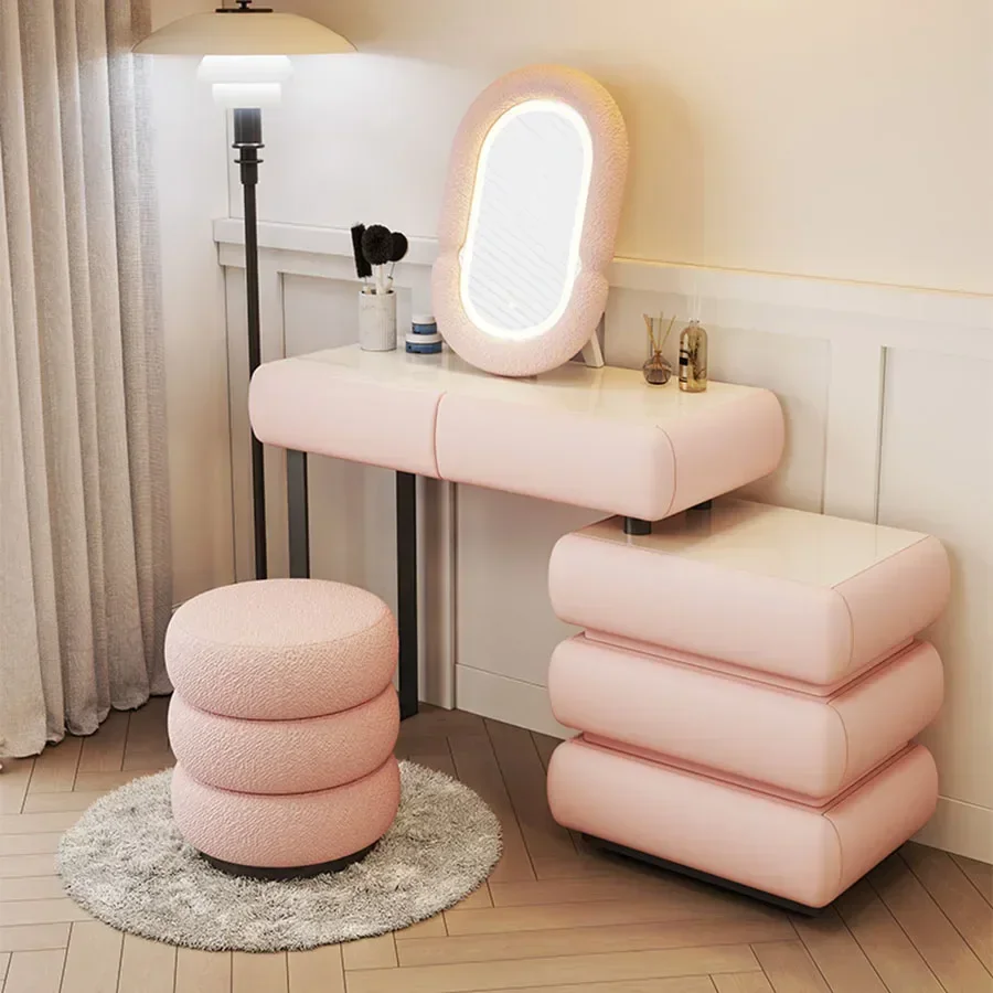 Girls Vanity Table Pink Multifunction Kids Corner Placement Mobile Luxury Dressers Transportable  Bedroom Furniture