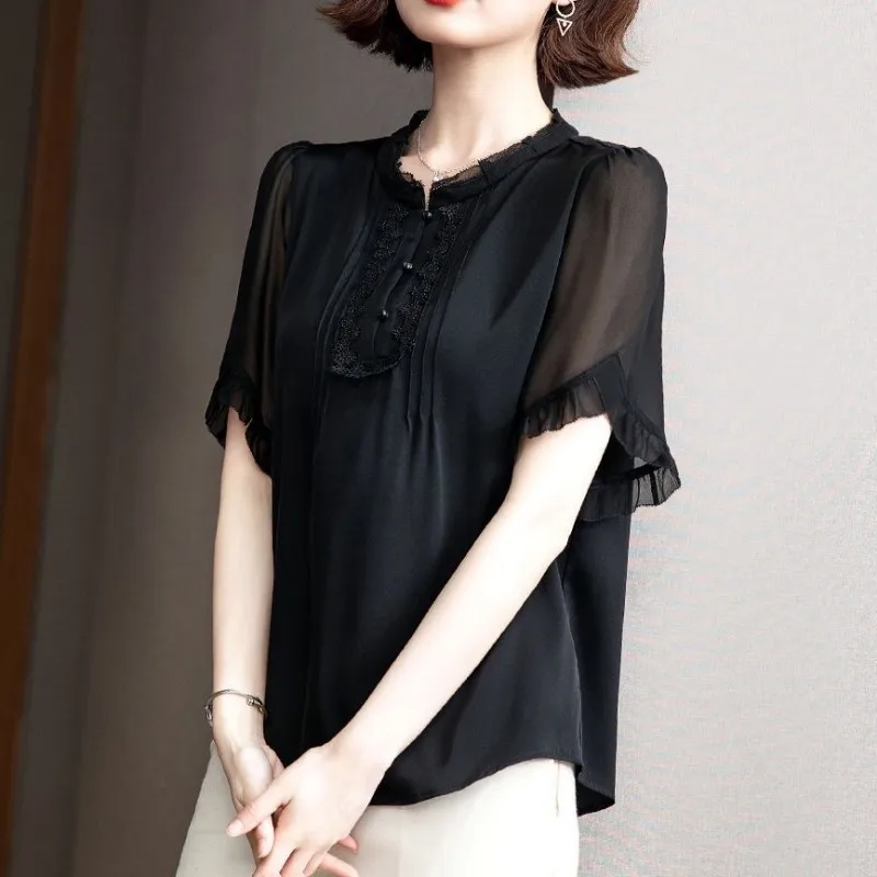 Woman Summer Style Chiffon Blouses Tops Lady Casual Short Sleeve O-Neck Black Color blusas Tops WY1019