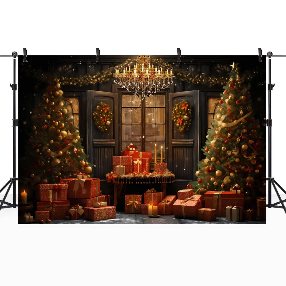 Mocsicka Tło świąteczne Drewniane drzwi Choinka Dzwonek Prezenty Portret rodzinny Tło Dzieci Wewnętrzne Rekwizyty fotograficzne Studio fotograficzne