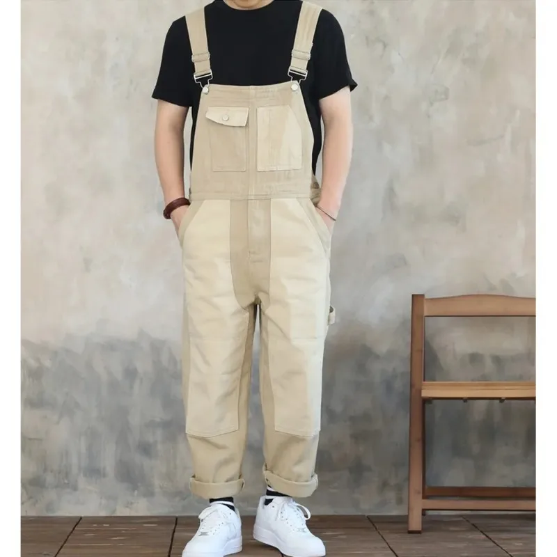 

Vintage Cotton Overalls Men Jumpsuit Cargo Work Pants Harajuku Casual Patchwork Pocket Straight Trousers Loose Streetwear Jogger