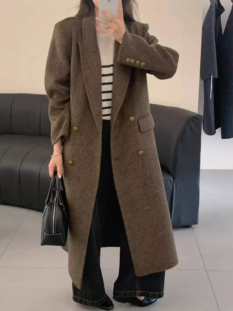 [LANMREM] Fashion Double Sided Woolen Coat Women\'s Notched Double Breasted Solid Color Casual Coats 2024 Autumn Winter New