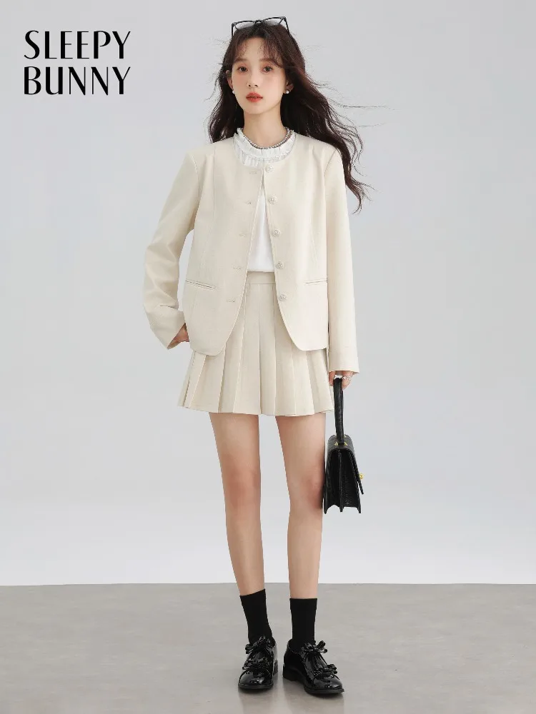 Autumn 3 Piece Set with Ruffled Blouse Pleated Mini Skirt and Chic Blazer Fashion Office or Casual Matching Elegant Tweed Suit
