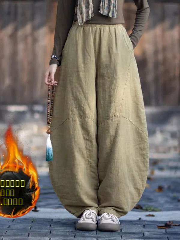 Thiened القطن الكتان سراويل شتوية المرأة الجديدة Sle Zen التأمل فضفاض تاي تشي فانوس السراويل الدفء مستقيم الساق بنطلون