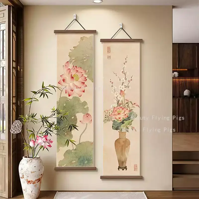 1pc Chinese Lotus Hanging Cloth Painting Corridor Scroll Painting Partition Painting Living Room Home Decoration Wall Decoration