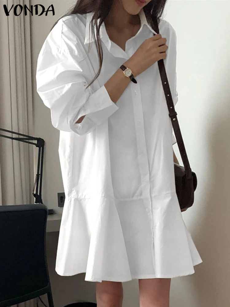 VONDA femmes chemise longue robes automne à manches longues couleur unie Robe boutons décontracté Mini Robe d'été 2025 revers ample à volants Robe