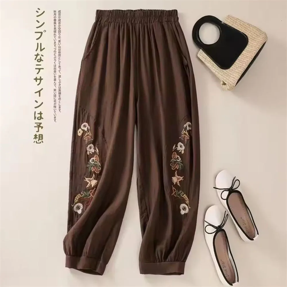

Vintage Style Women's Fashion Lantern Pants Summer New Harem Loose Embroidered Cotton and Linen Casual Lace Nine Minute Pants