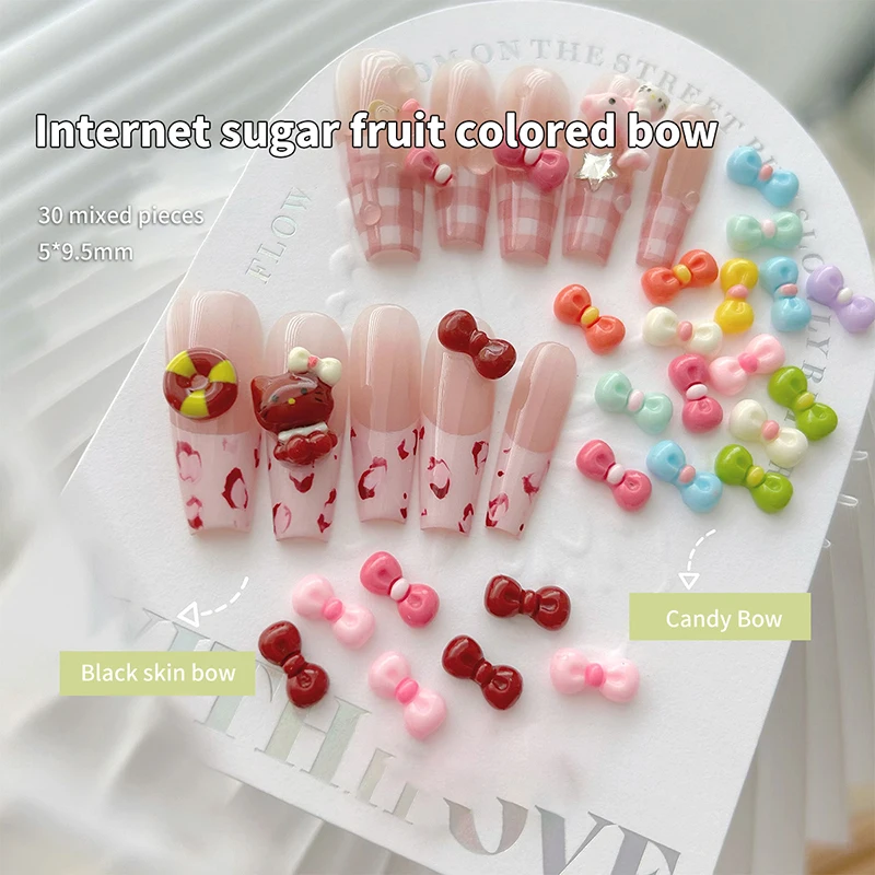 30Pcs Mixed Cute Hello Kitty Bow Nail Decoration Candy Color Stereoscopic Nail Art DIY Nail Artists And Nail Enthusiasts