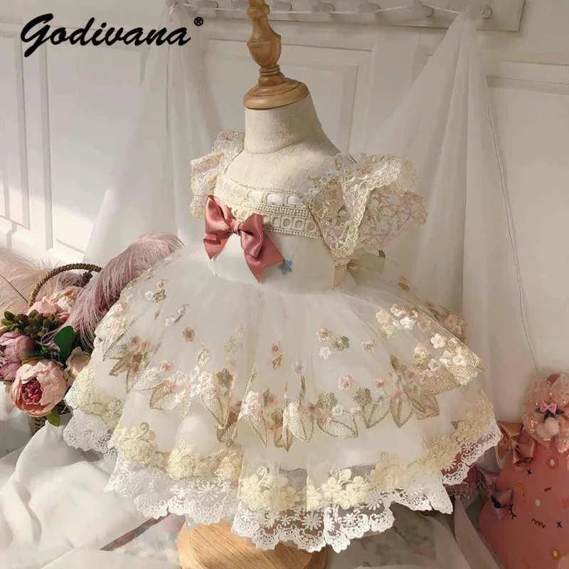 Sweet Baby Girls High End Heavy Lolita Princess Dress Kids 2026 New Summer Feifei Sleeve Lace Trim Floral Embroidery Mesh Dress
