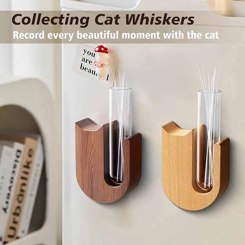 Jarrón con forma de bigote para gato, jarrón con bigote para mascotas, imán para nevera, recolector de barba y pelo de mascota de madera y vidrio, regalo de recuerdo para decoración del hogar, 1 ud.