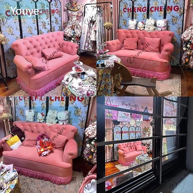 ZL Nanyang retro pink sofa French double fringed photography gallery photo medieval buckle