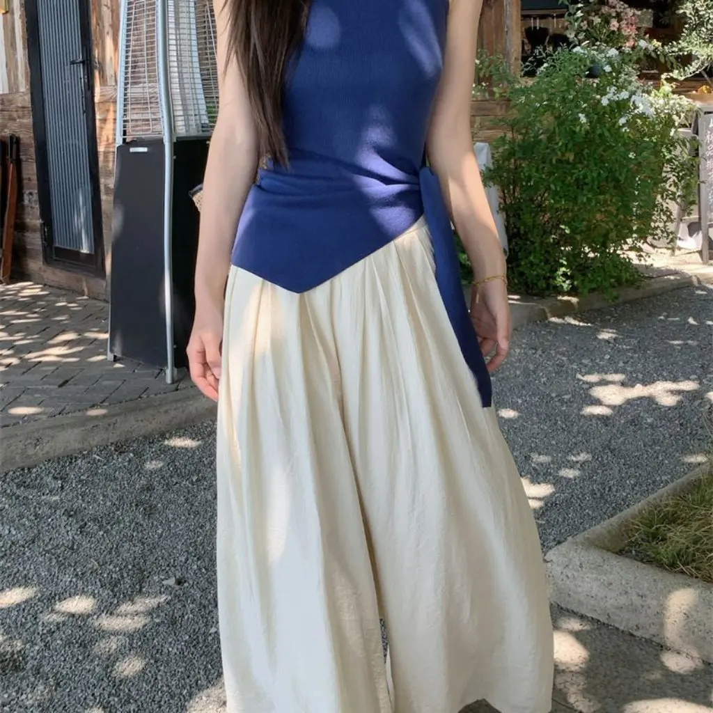 

Элегантный вязаный жилет без рукавов во французском стиле с нерегулярными бретелями для женщин, летняя утягивающая верхняя одежда, топ в моде Spice Girls