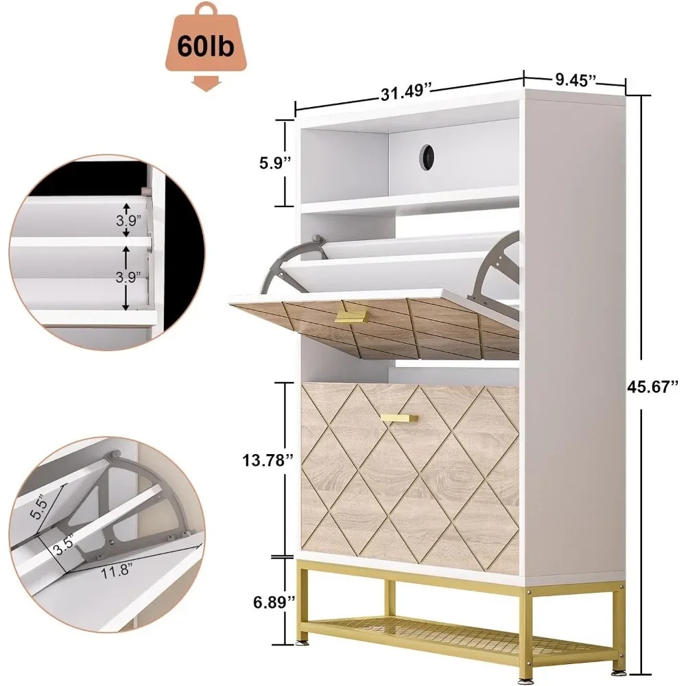 Shoe Cabinet with 2 Flip Drawers 24 Pairs Shoe Rack Organizer with Open Shelves and Led lights with Metal Legs Shoe Rack Cabinet