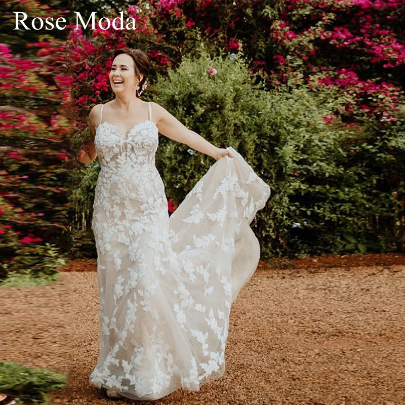 

Rose Moda Thin Straps Lace Mermaid Wedding Dresses Ivory and Champagne Destination Bridal Gown Real Photo Custom Make