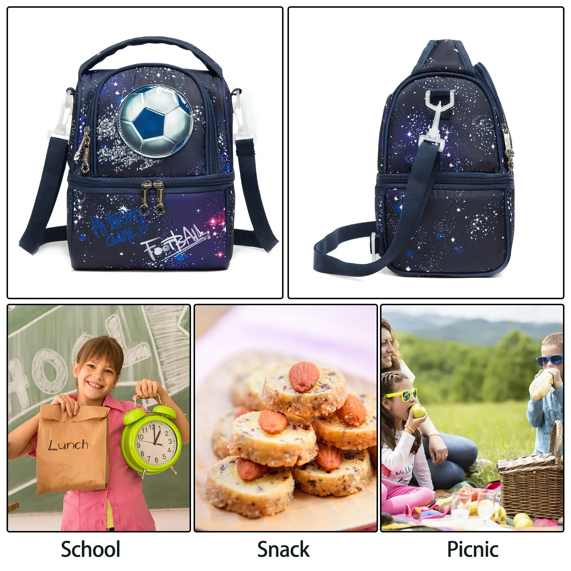 Gsequins Lunch Bags Food Bag Insulated Lunch Bag for Boys and Girls with Adjustable Strap Lunch Box Bag Football Cooler Bag