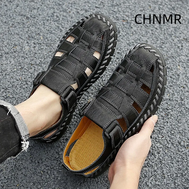 Genuine Leather Sandal for Men Round Toe Lightweight Comfortable Trendy All-match Breathable Fashion Non-slip Shoes Summer Main