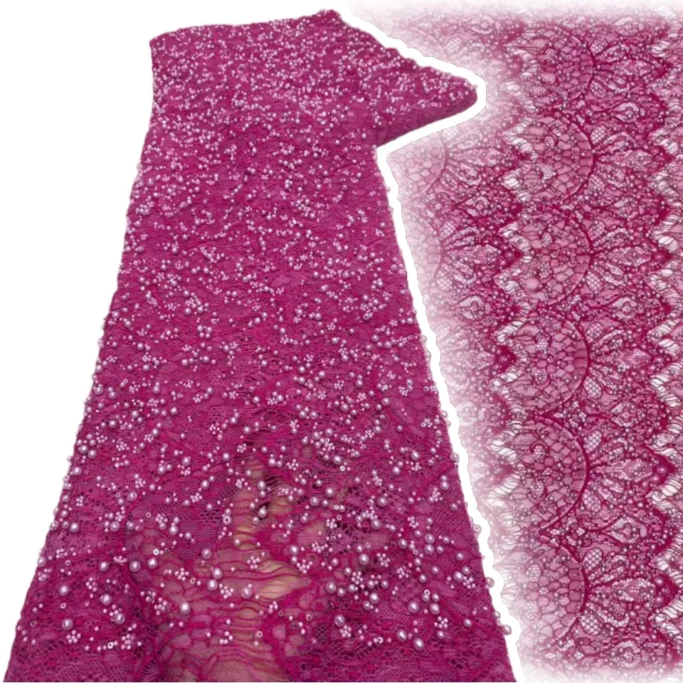 2026 أسود 5Y فاخر فرنسي أفريقي مصنوع يدويًا لؤلؤ صغير تول دانتيل ترتر شبكي دانتيل نيجيريا قماش لفساتين الزفاف 1954