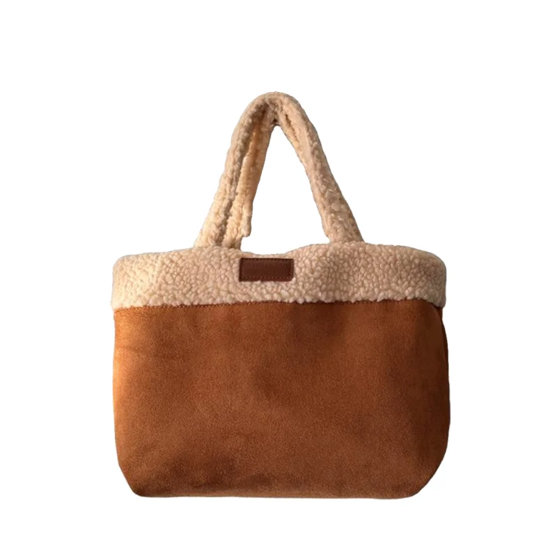 Korean Faux Suede Niche Lamb Wool Handbag High-End Texture Plush Double-sided Portable Bucket Bag Popular Winter New Tote Bag