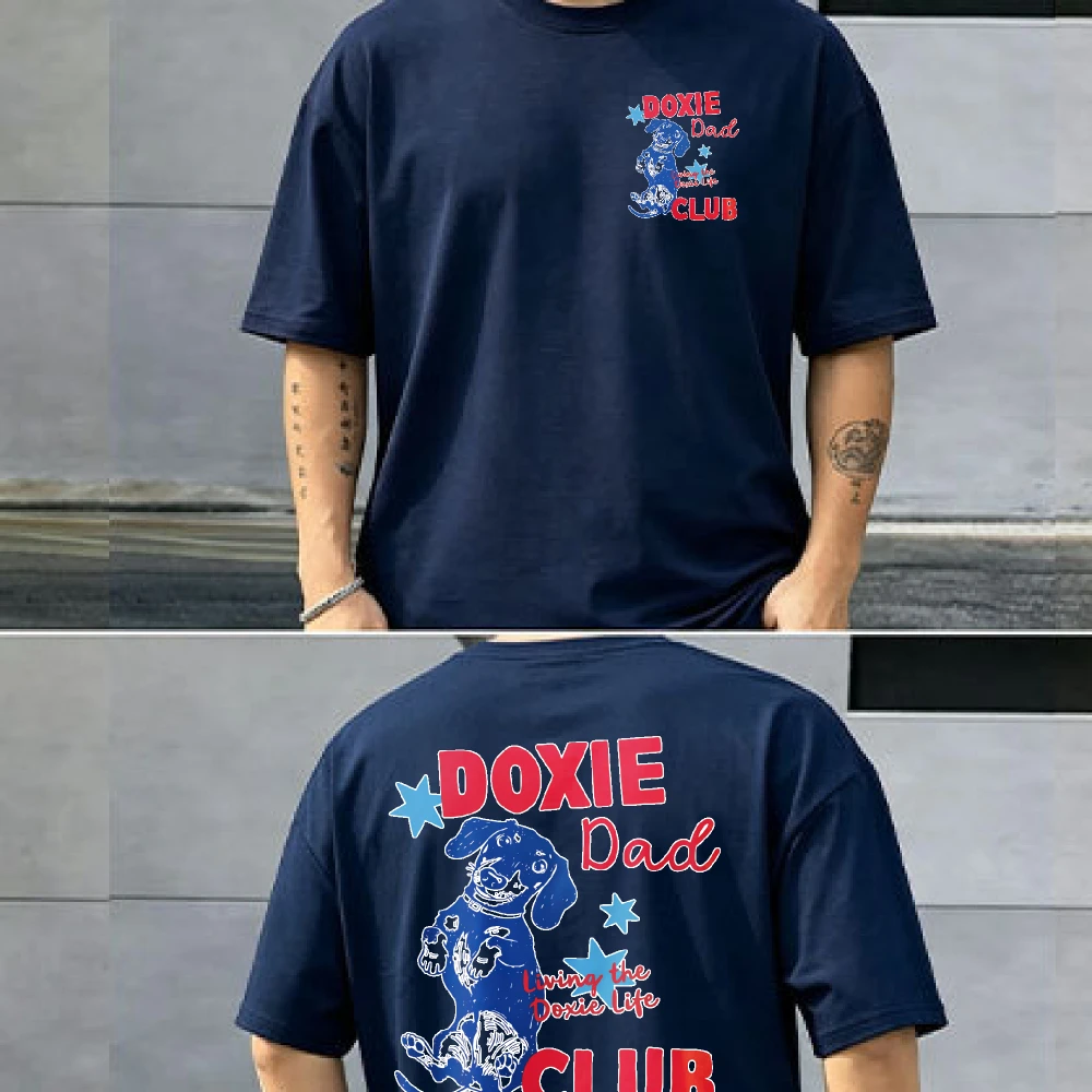 Customizable Doxie Dad Club T-Shirt, Retro Star Dachshund Wiener Dog Back Print Cotton Shirt for Men Father's Day Dog Dad Gift