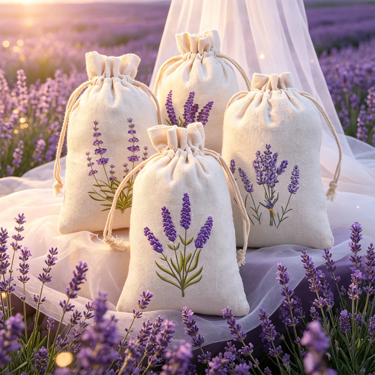 

4pcs Empty Cotton Linen Floral Lavender Gift Bags Jewelry Drawstring Storage Bags Gift Packaging Bag Wedding Party Supplies
