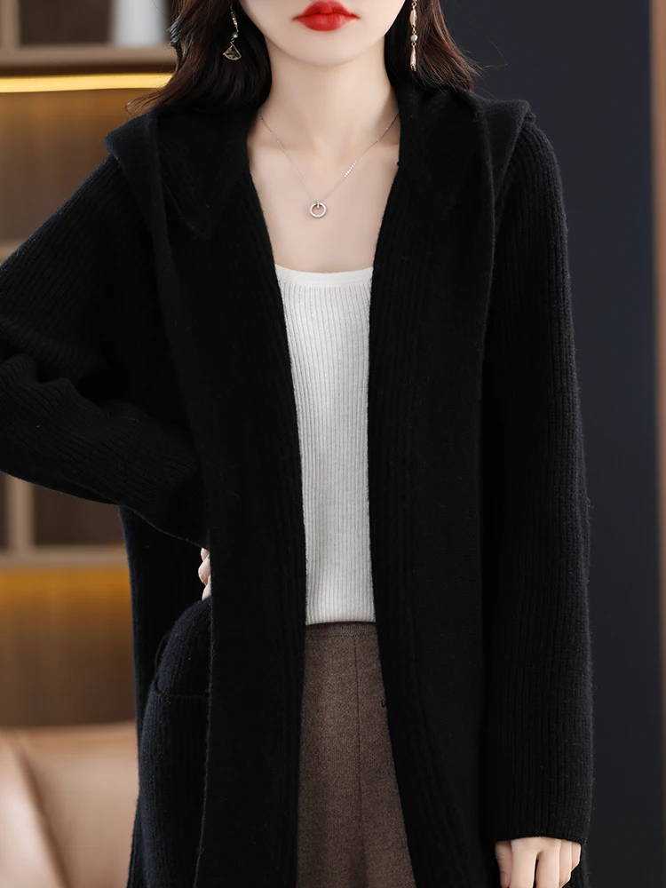 ADDONEE Women Hooded Sashes Casual Cardigan Autumn Winter Cashmere Sweater 100% Merino Wool Knitwear Soft Comfort Thick Coat Top