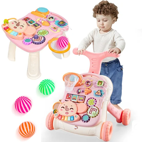 3-In-1 Multifunctional Scientific Early Learning Walking Cart, an Interactive Push Toy Designed to Assist Toddlers in Walking, Featuring Gentle Music, Adjustable Speed, Non-Slip Wheels, And an Educational Activity Center