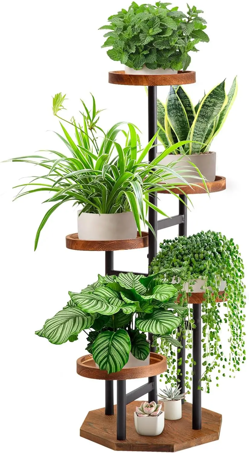 

TEAKMAMA 5 Tier Plant Stand Tall Metal Wood Plant Shelf Holder for Indoor with Raised Design for Multiple Plants Outdoor Garden