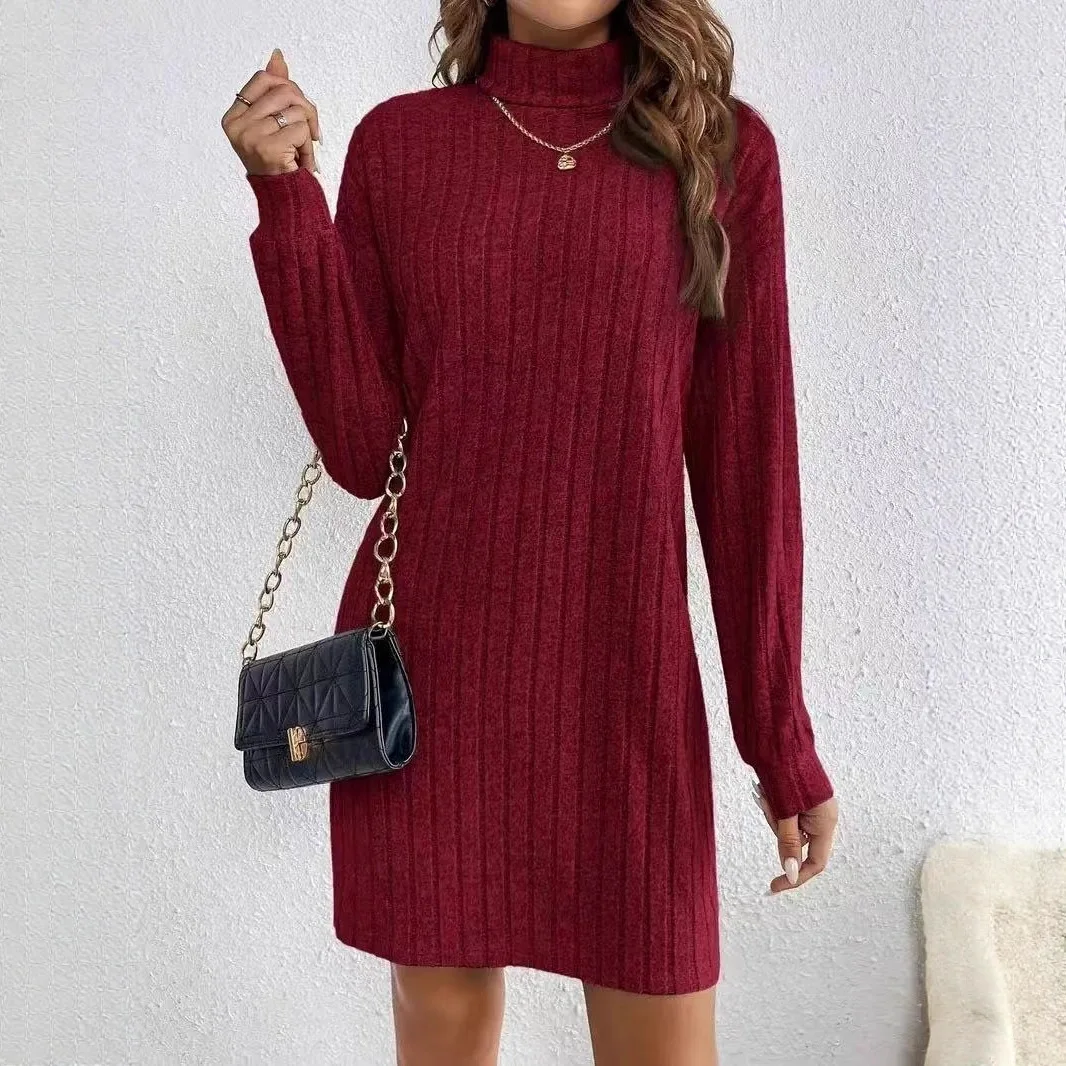 Elegancka sukienka z dzianiny prążkowanej, damska, luźna, z długim rękawem, z wysokim kołnierzem, jesienna sukienka midi, damska, modna, na imprezę, vestidos.