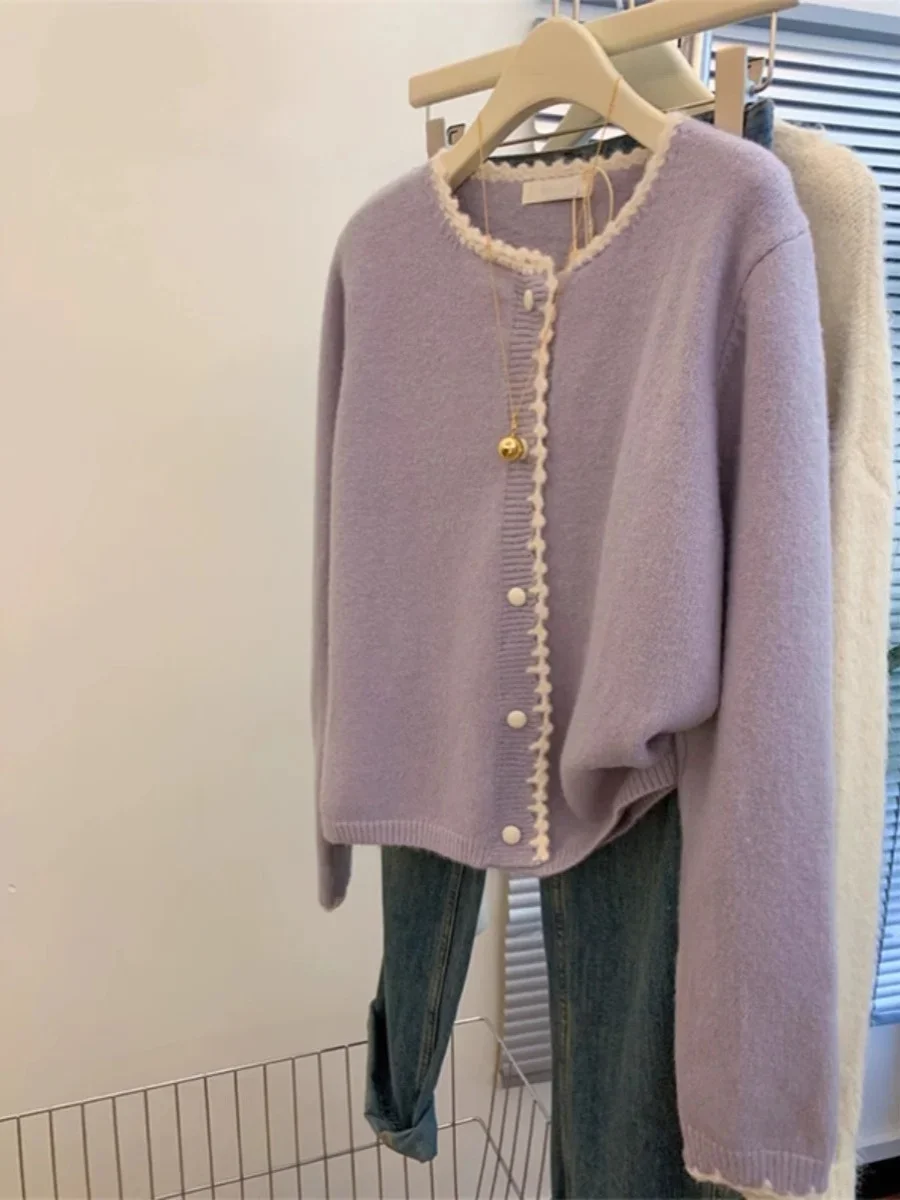 High Quality Soft Knitted Jacket Sweet Elegant Women Long Sleeve Sweater Coat Solid Purple Cardigan Lace Knit Korean Style Tops