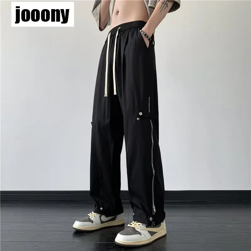 

Basic Fashion Solid Straight Trousers Zippers Drawstring High Street Men Side Slit Casual Streetwear All-match Trouser Japanese