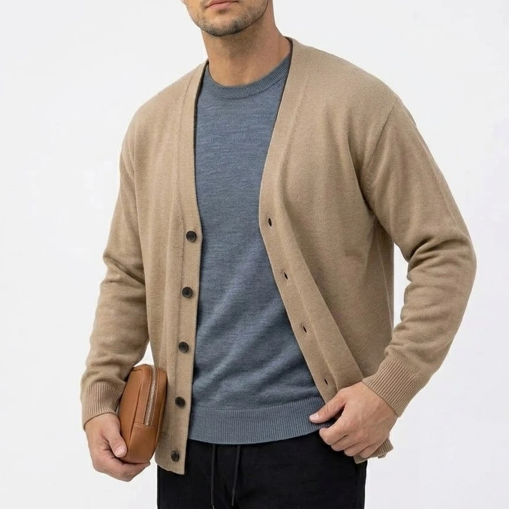 Outdoor-Herren-Strickjacke mit V-Ausschnitt, langen Ärmeln, einfarbig, lässige Sportbekleidung, geknöpfter Strickmantel. – Detail 3