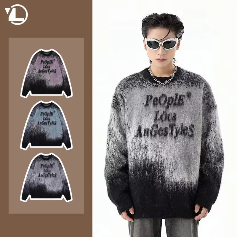 

Street Tie Dyed Sweater Mens 2024 New Spring Retro Gradient Letter Jacquard Knitwear Top Hip Hop Round Neck Loose Pullover