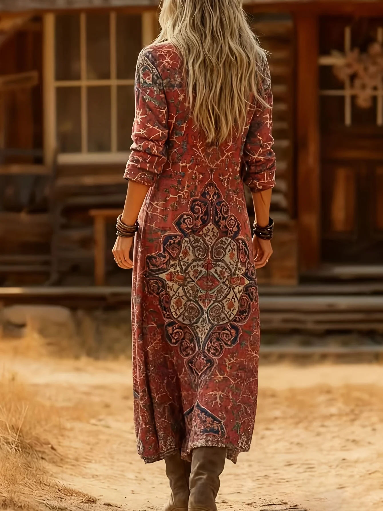 Women's Spring and Autumn Long Sleeve Elegant Retro Ethnic Style Red Totem Art Print Long Dress - Machine Washable